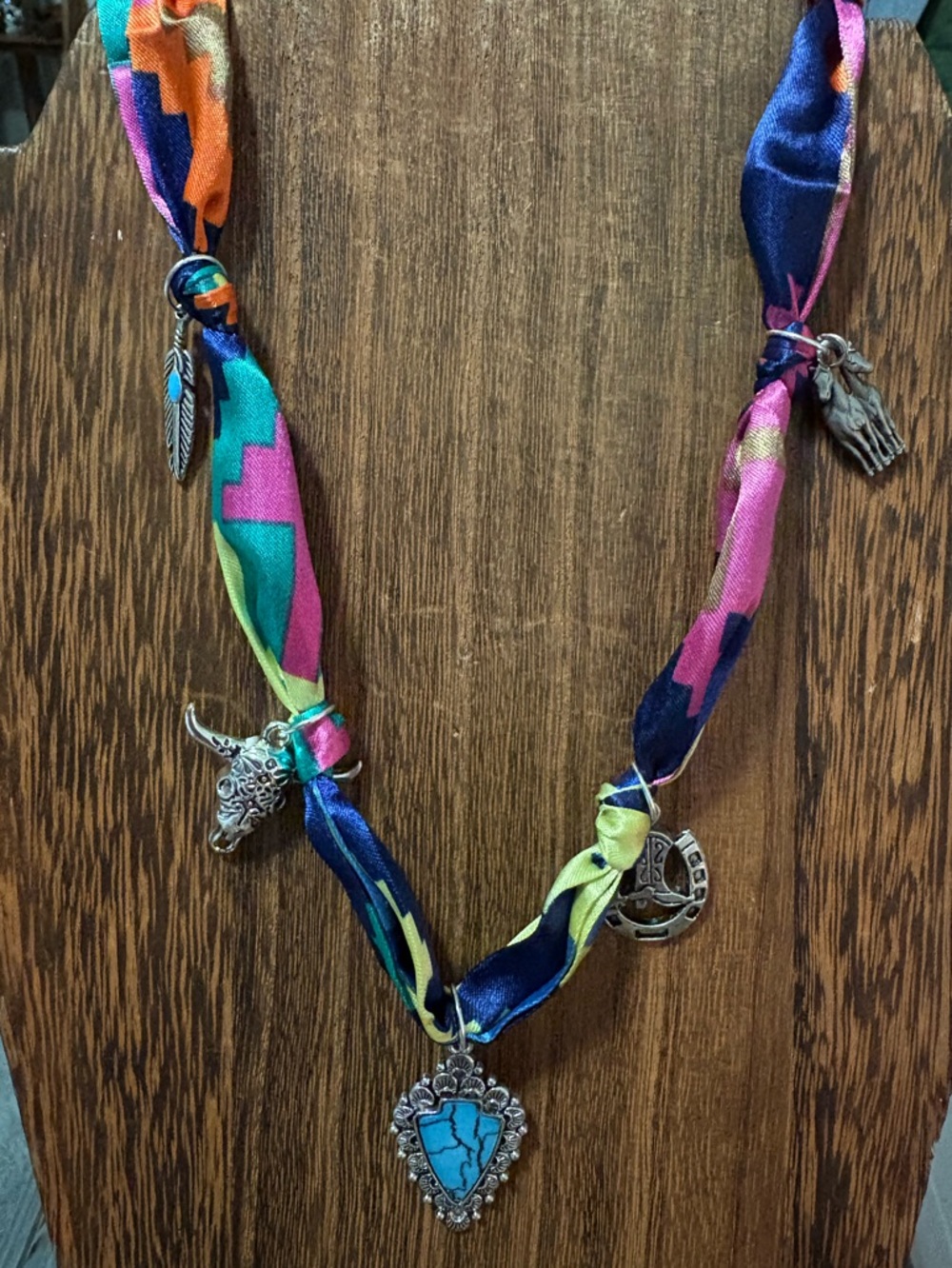 Handmade Multicolor Silky Tie necklace with western  Charms